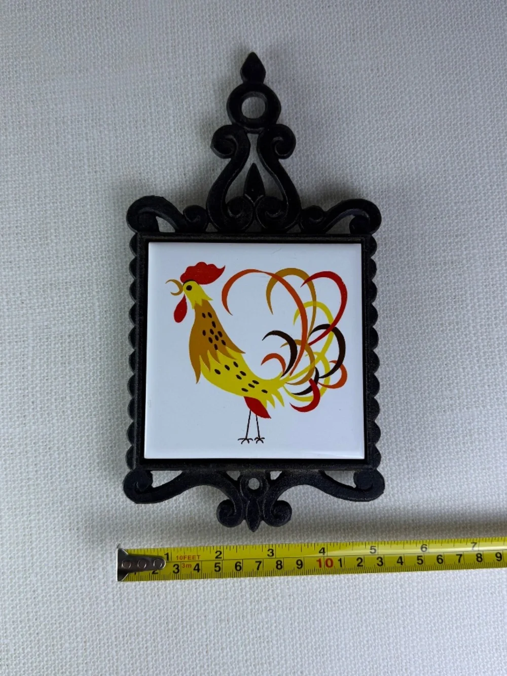 Vintage Cherry Japan Cast Iron Trivet – Rooster Ceramic Tile | Wall Hanging - Picture 3 of 9